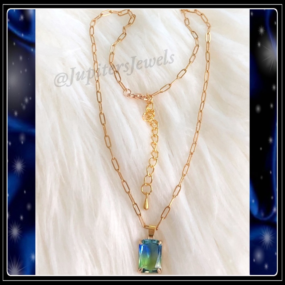 New 14k Gold Emerald Cut Ombre Blue Topaz Tourmaline Paperclip Necklace